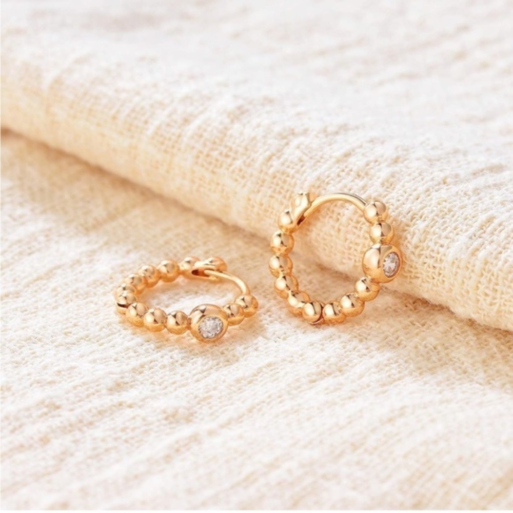 GOLD 14k Gold Plated Cubic Zirconia Beaded Hoop Earrings